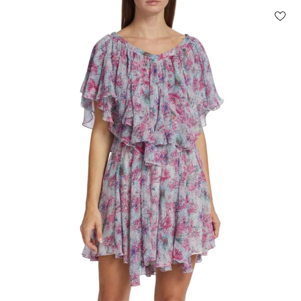 ISABEL MARANT Amelie Silk Ruffle Mini Dress, Aqua/Periwinkle, NWT 🇫🇷